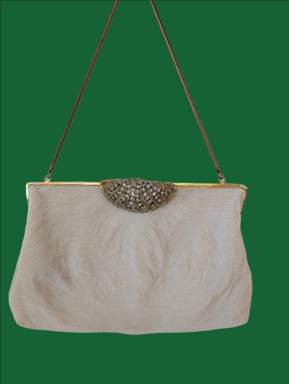 Vintage Bag I. MAGNIN Beaded Cream Evening Clutch with Rhinestone Accent